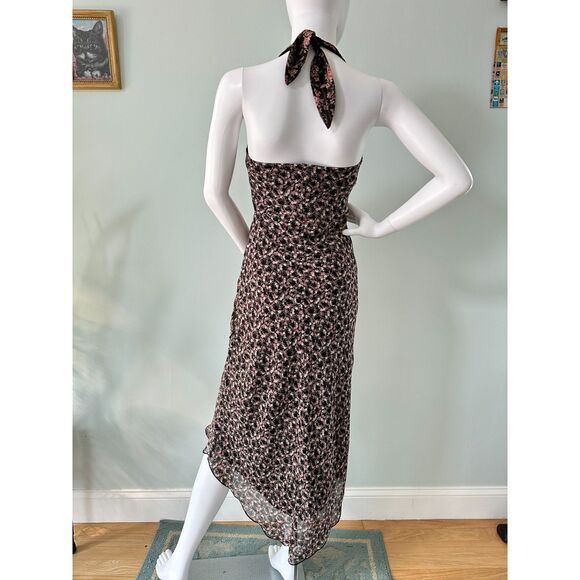 Vintage Y2K Floral Halter Dress Asymmetrical Hem Midi Dress Black Pink size 3 - Picture 2 of 8